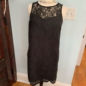 Faux Suede Black Dress, laser cut hem, Sz L